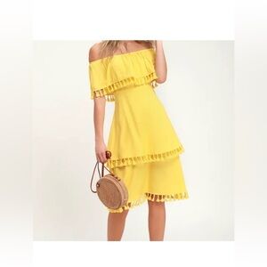 Lulu's Pensacola Yellow Off-the-Shoulder Tassled Midi Dress